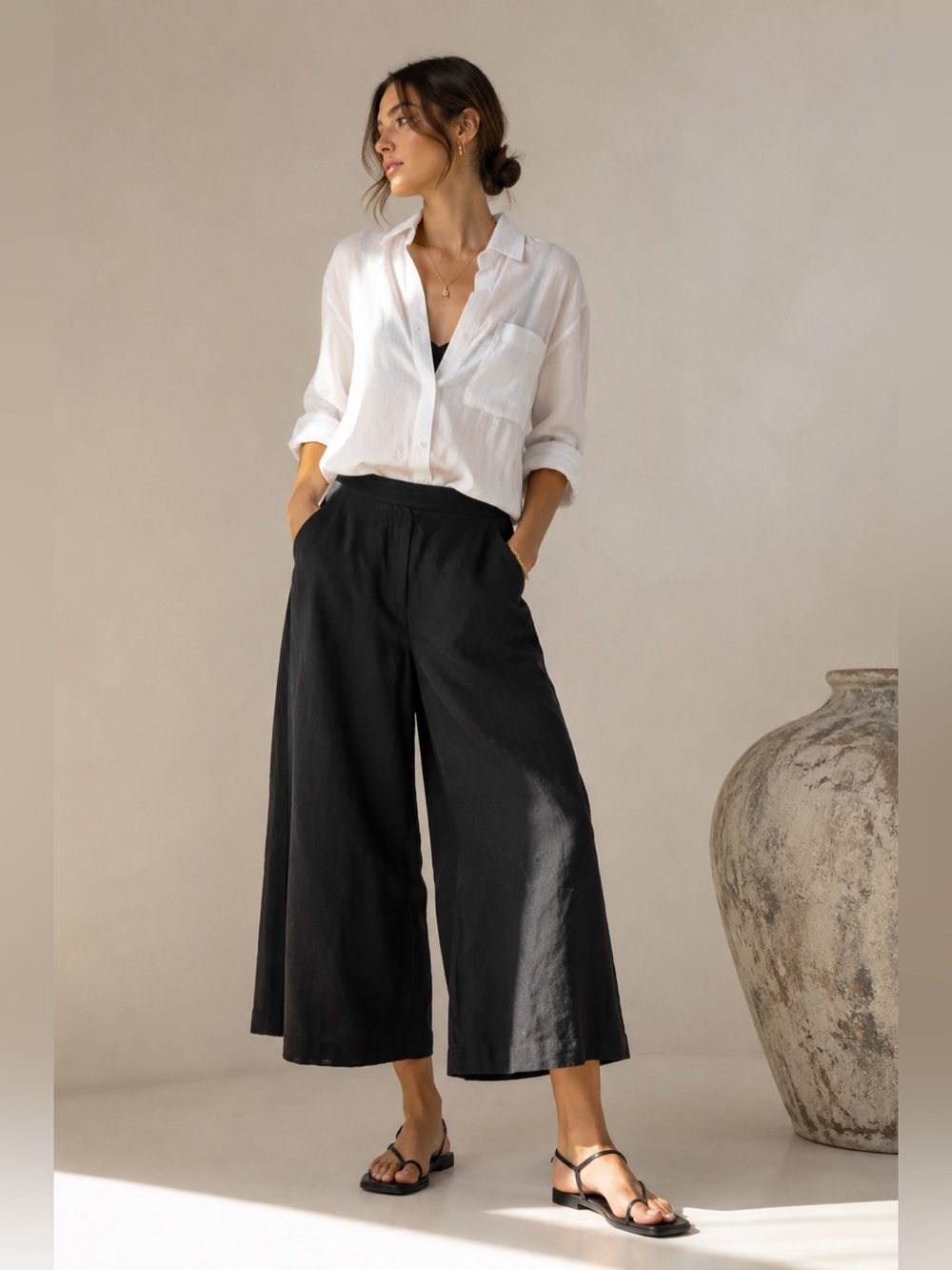 Wide Leg Linen Blend Crop Pants - Black